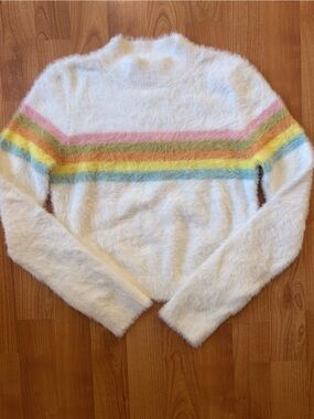 Le Lis Cream Fuzzy Sweater with Pastel Rainbow Stripe Small